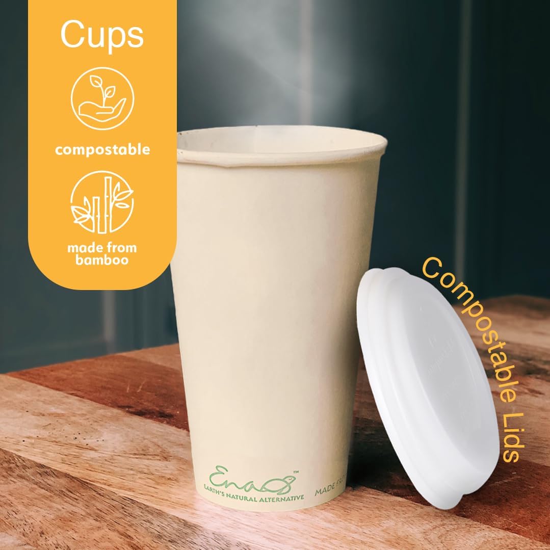 Earth's Natural Alternative 100% Compostable Disposable Coffee Cups with Lids [16oz 80 Set] Paper Cups Made from Unbleached Bamboo Fiber, Compostable Lids, To Go Coffee Cups with Lids