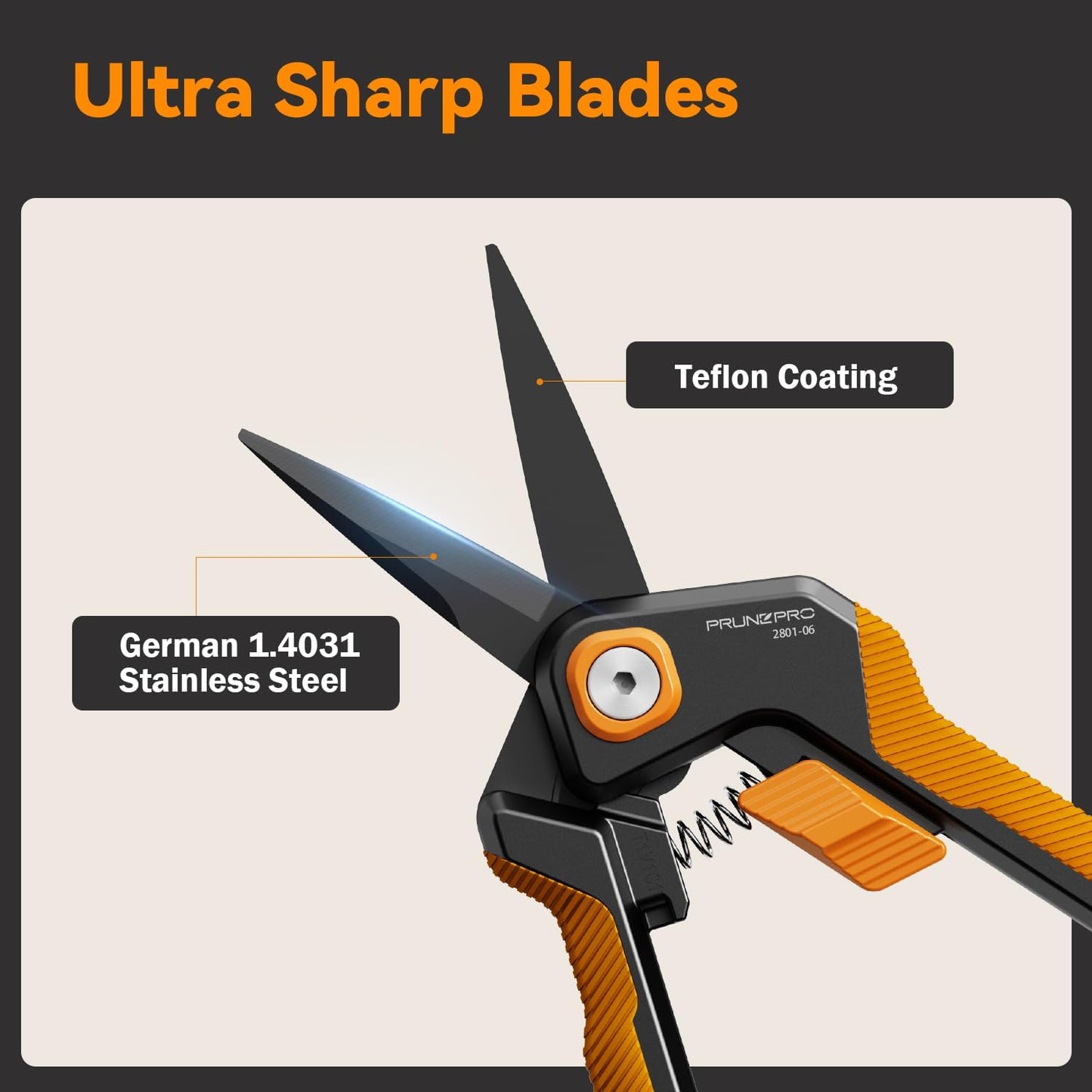 PrunePro Garden Scissors Pruning Shears Sharp Stainless Steel Non-Stick Teflon Coating Blade for Precise Cuts Garden Snip Bonsai Clippers for Plants Rose Flower Green & Orange