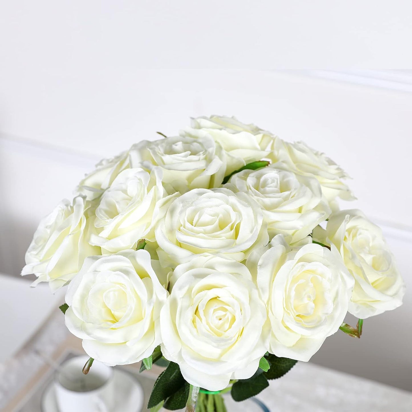 Hawesome 12PCS Artificial Silk Flowers Realistic Roses Bouquet Long Stem for Home Wedding Decoration Party (12PCS-Cream White 1)