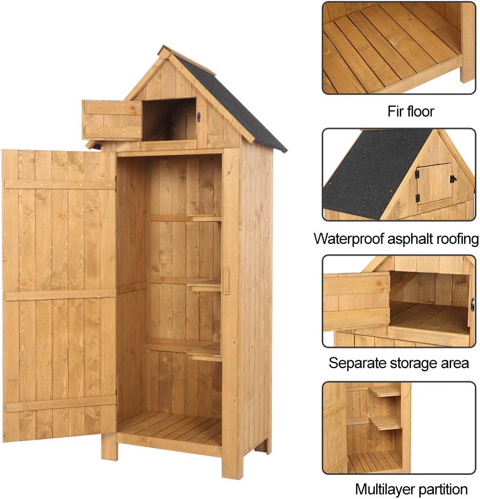 Outvita Outdoor Storage Cabinet, 70in Wooden Vertical Garden Tools Shed, Patio Storage Organizer with Latch & Waterproof Roof for Yard Deck Lawn Farmland Equipment(Natural)