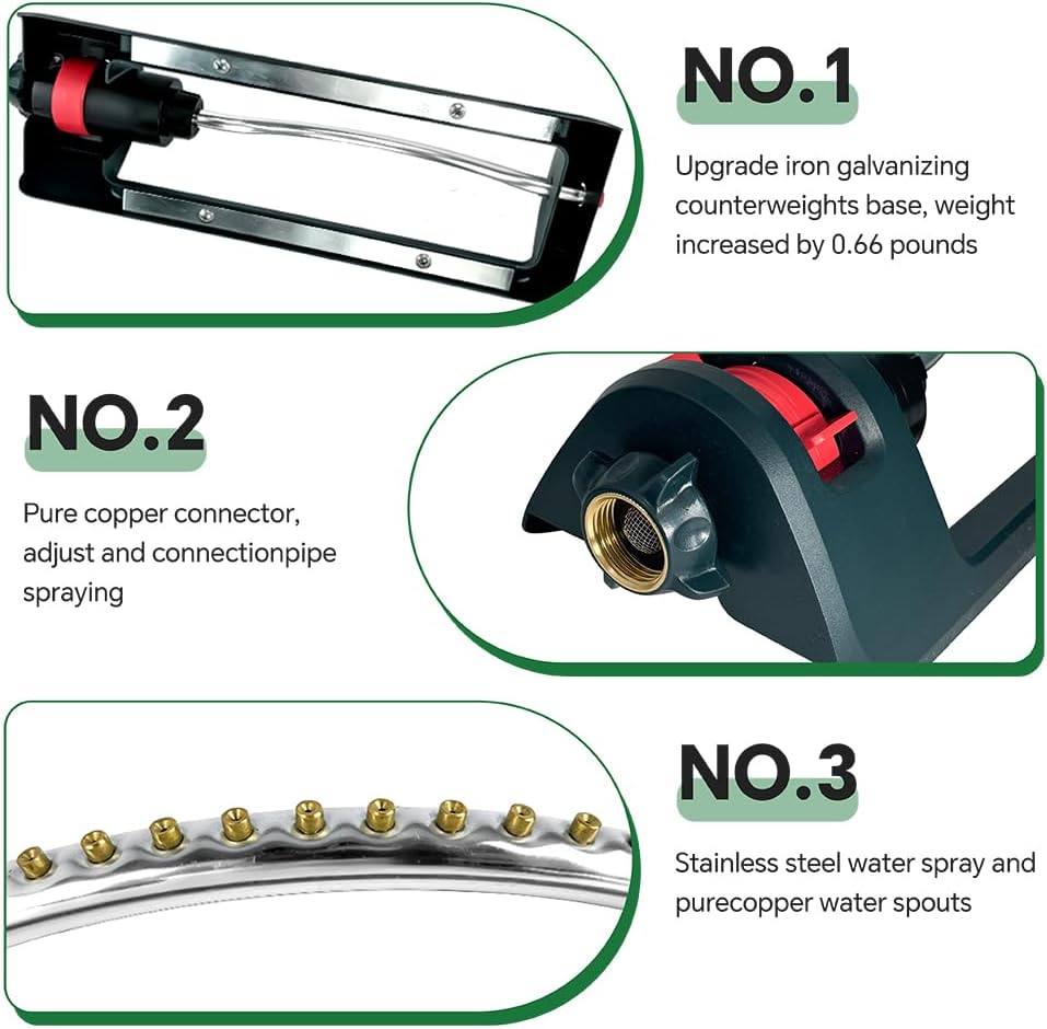 Lawn Sprinkler, 18 Brass Nozzles Garden Water Oscillating Sprinkler for Yard Covers up to 3,600 sq.ft, Heavy Weight Base, Built-in Spray Jet Cleaning Needle