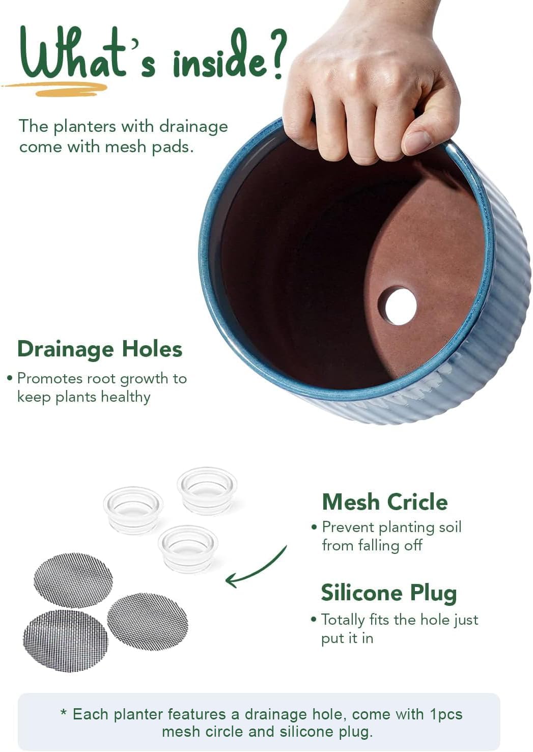 LE TAUCI Ceramic Plant Pots with Drainage Holes, Set of 3, 8+6.7+5.5 Inch Stripe Garden Planter Pots for Outdoor Indoor Plants Flower, Round Succulent Orchid Flower Pot, Reactive Glaze Green