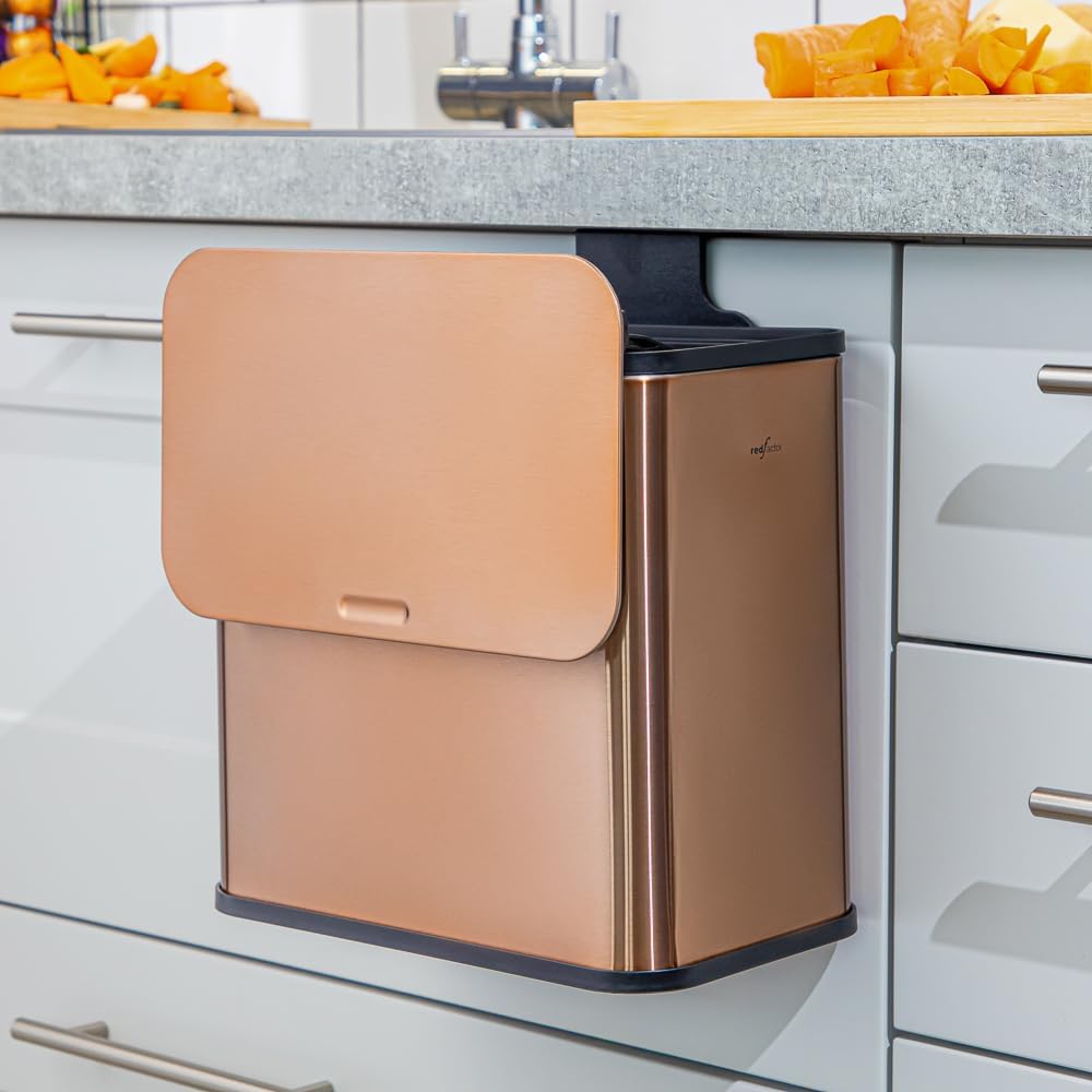 RedFactor Stainless Steel Hanging Trash Can with Lid and Inner Bucket – Slim 1.3 Gallon Odor-Free Compost Bin for Kitchen Cabinet, Countertop, Under Sink, or Bathroom (Copper)