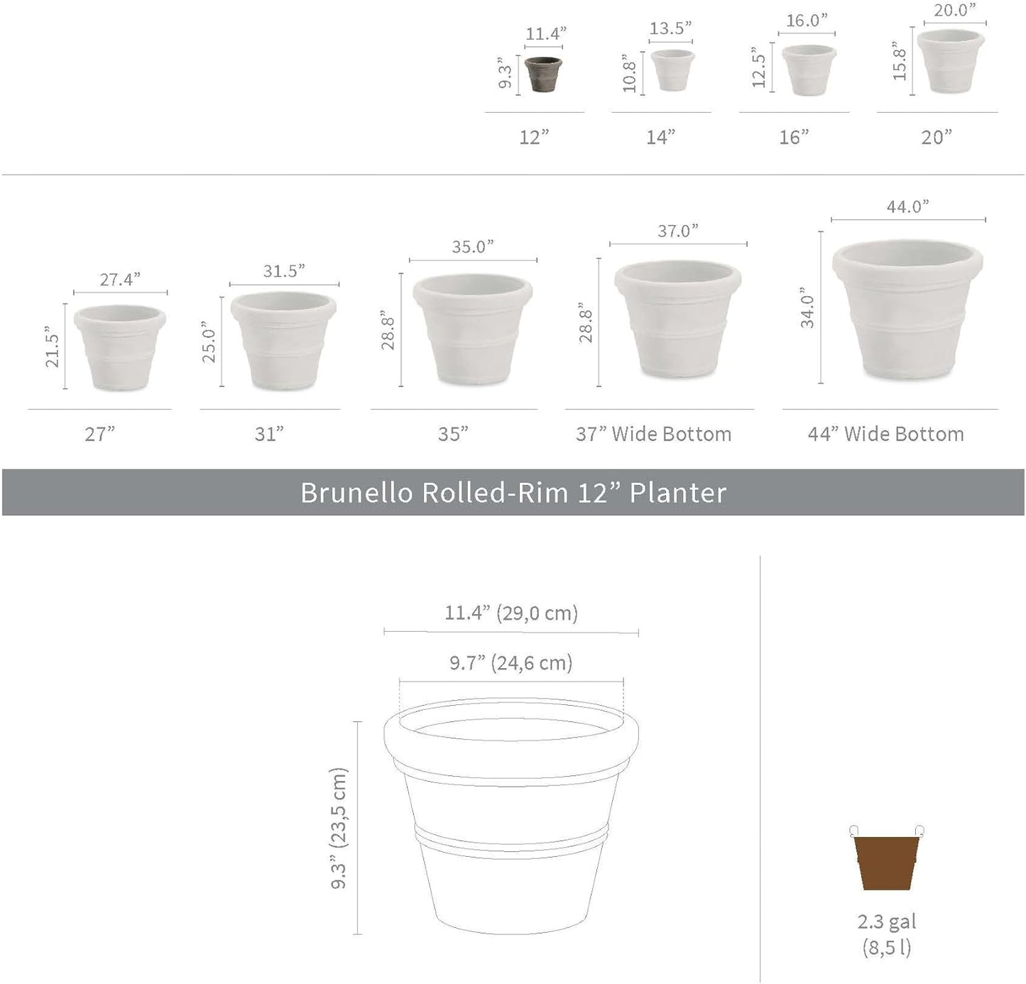 Crescent Garden Brunello Planter, Classic Rolled-Rim Plant Pot, Plastic Indoor-Outdoor Planter, 12-Inch (Weathered Concrete-Color)