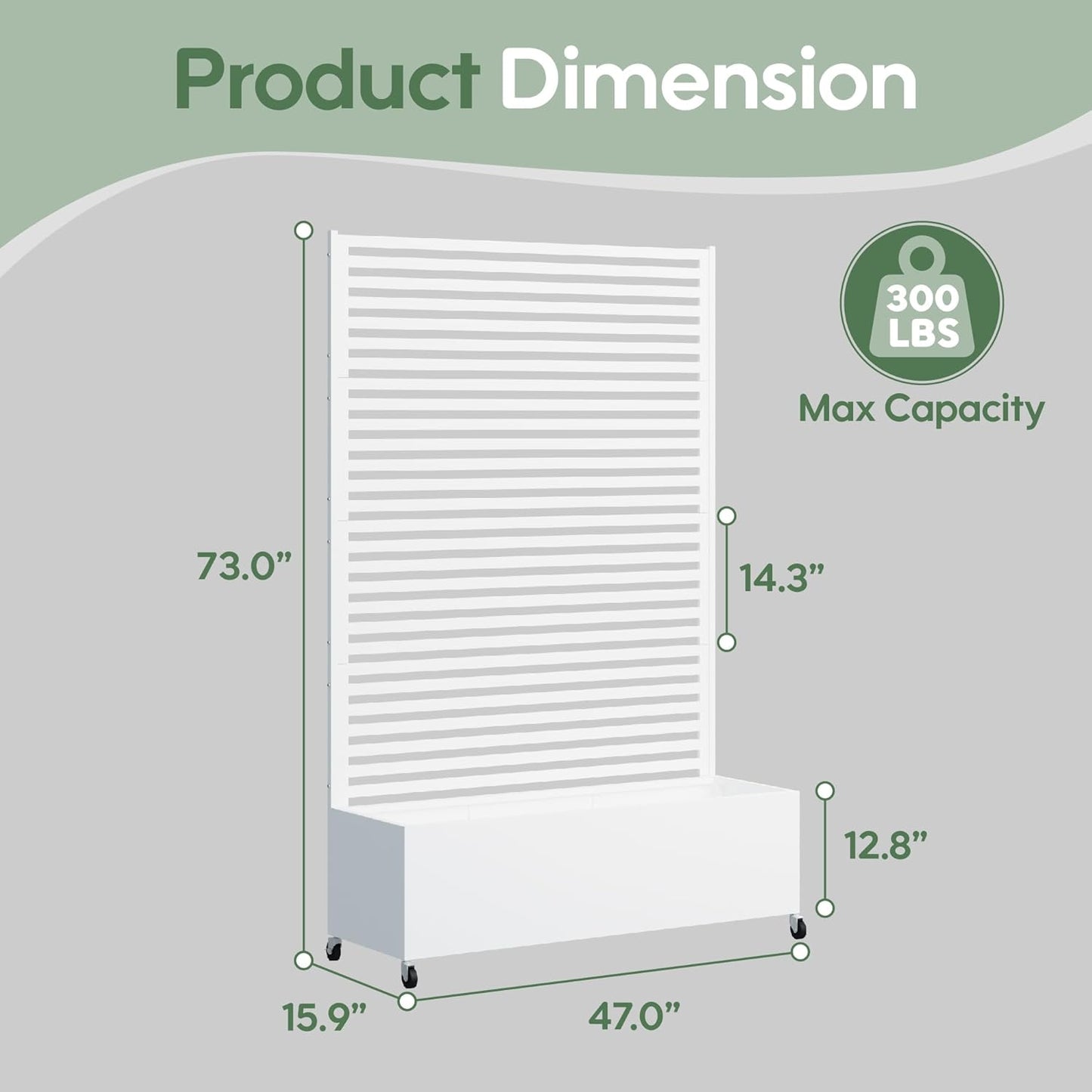 Metal Planter Box with Trellis Privacy Screen, Raised Garden Bed with Trellis & Wheels, Privacy Planters for Patio, Planter Box with Drainage Holes for Climbing Plants, Flower, 73"x 47"x 16", White