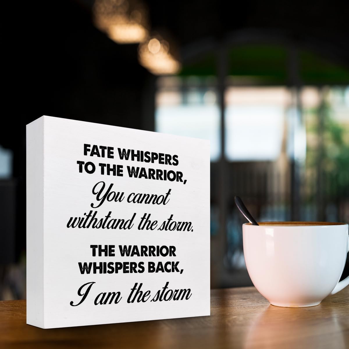 Motivational Wood Box Sign,Fate Whispers to The Warrior Inspirational Wooden Block Sign for Home Bedroom Farmhouse Wall Shelf Table Decor