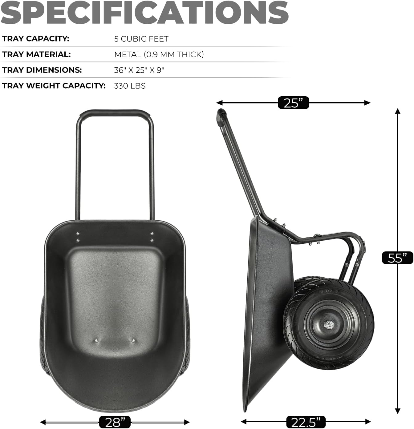 XtremepowerUS Dual-Wheel Utility Wheelbarrow Garden Cart Built-in Stand Flat-Free 16" Tires 5 cu/ft. 330 LBS Capacity Metal Tray for Lawn, Gardening