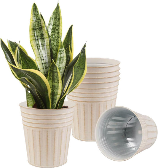 vensovo 7 Inch Beige Metal Rustic Flower Pots - 6Pcs Medium Galvanized Planters with Drainage Hole and Rubber Plug, Rustproof Metal Bucket Plant Pots Farmhouse Vintage Style for Decor