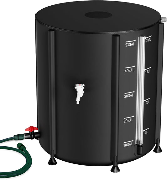 SKM Collapsible Rain Barrel, 53 Gallon Portable Rain Water Collection Barrel for Garden/Outside/Lawn, PVC Rainwater Collection System Water Tank Storage Container with Spigots & Overflow Kit, Black