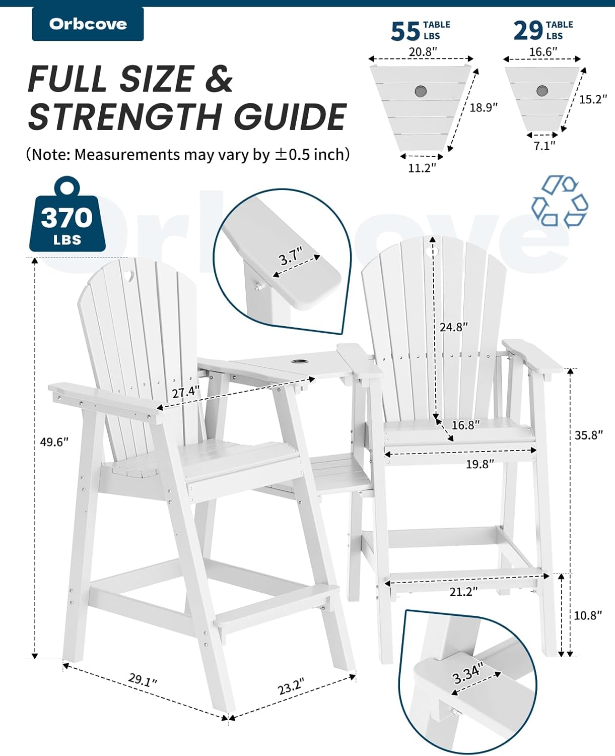 Tall Adirondack Chairs Set of 2-Durable HDPE Outdoor Bar Stools with Double Connecting Tray, Weatherproof Patio Furniture for Poolside, Backyard, Deck & Lawn Relaxation (White)