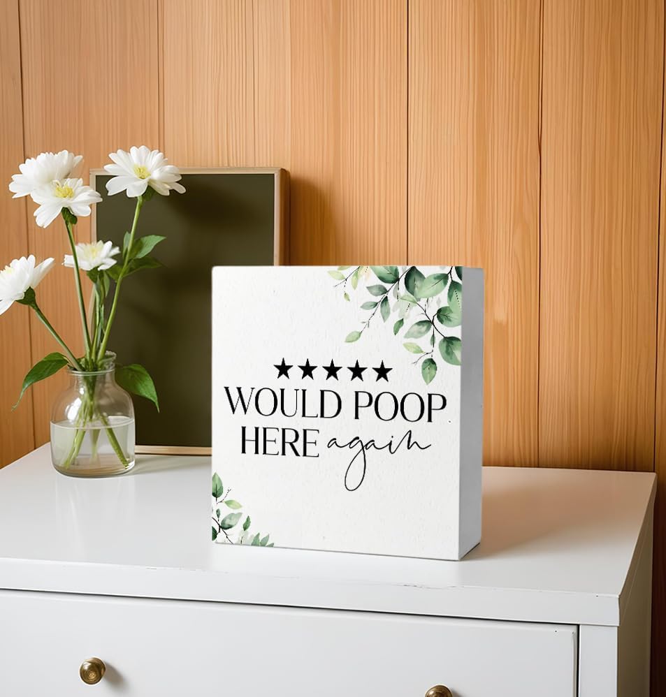 Would Poop Here Again Funny Bathroom Wooden Box Sign, Eucalyptus Botanical Wood Signs Plaque for Bathroom Washroom Toilet Counter Shelf Table Decor, 5x5 Inch