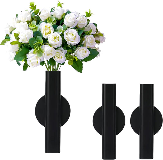 Self Adhesive Wall Vase Metal Tube Decoration Holder Used to Display Dried Flower, Faux Flowers, Fake Flowers, Also Suitable for Cemetery Memorial Decoration (2 Pcs Black)