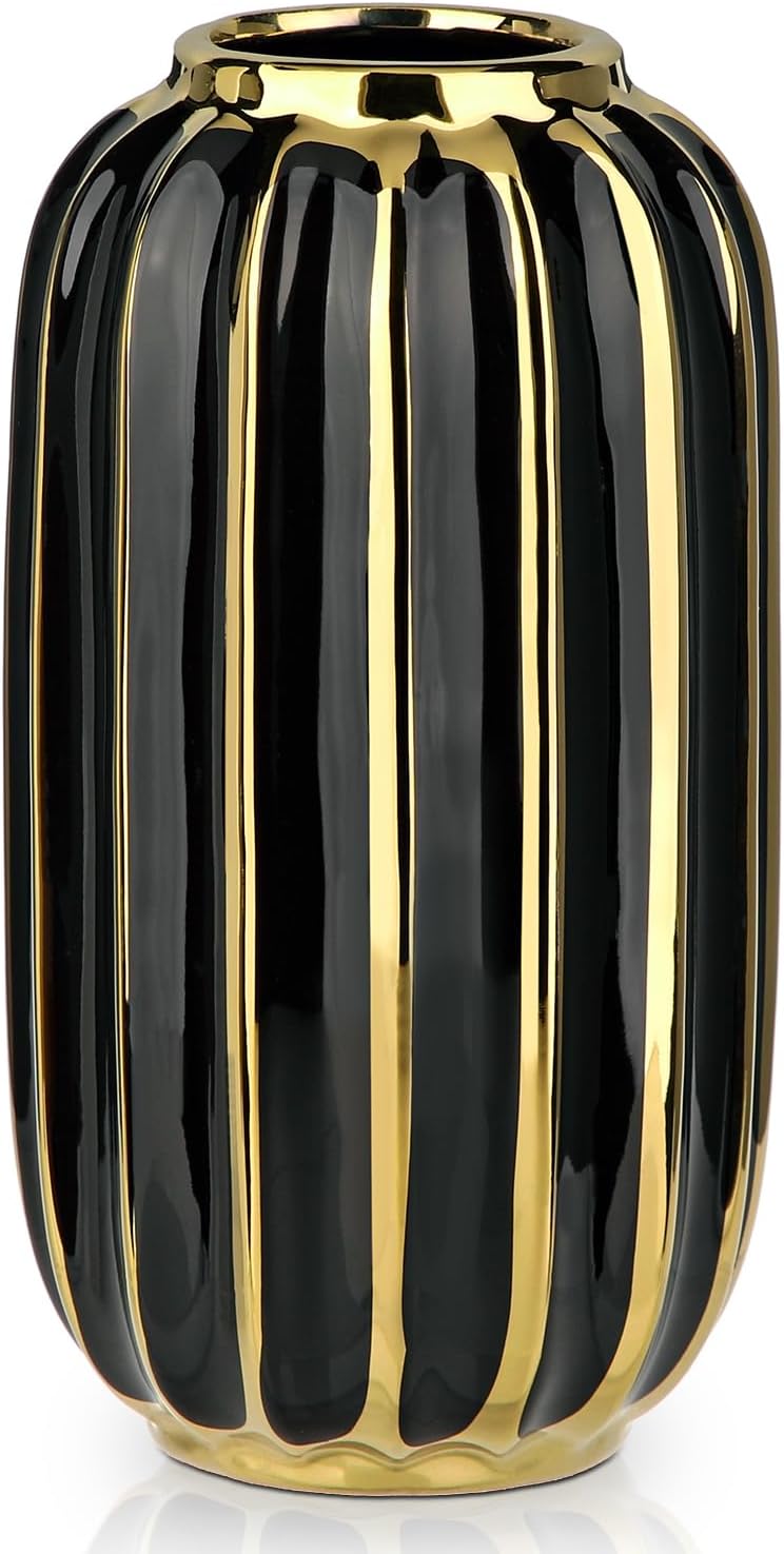 Briful Gold Plated Lantern Ceramic Vase Home Decor Creative Design Porcelain Decorative Flower Vase 8.66'' Black Ceramic Vases for Wedding Anniversary Decoration