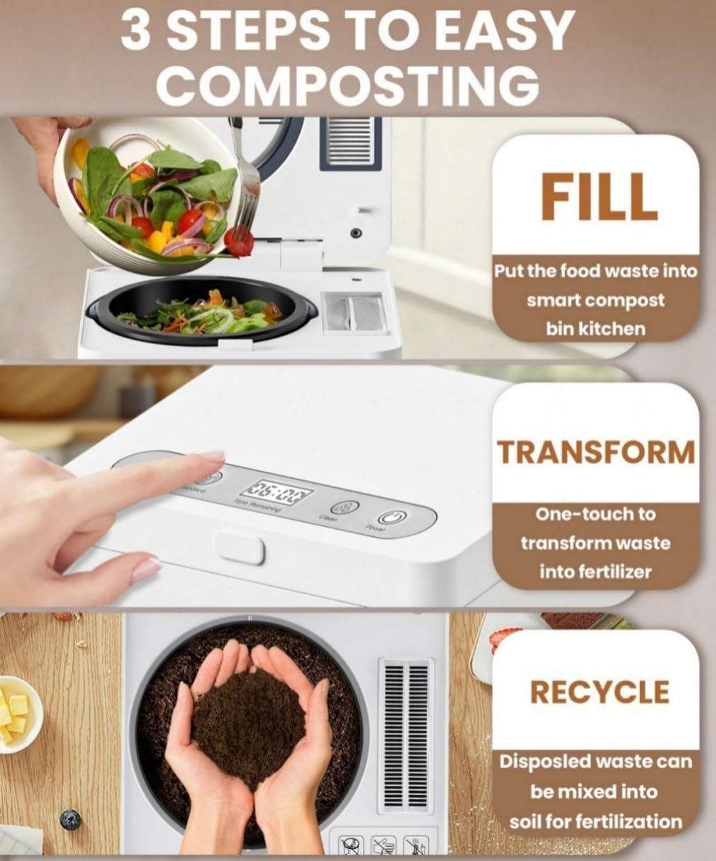 3L Compact Electric Composter for Kitchen, Odorless Smart Compost Bin, Self-Cleaning & Digital Display - Fast 4-6H Food Waste to Fertilizer Conversion for Outdoor Use