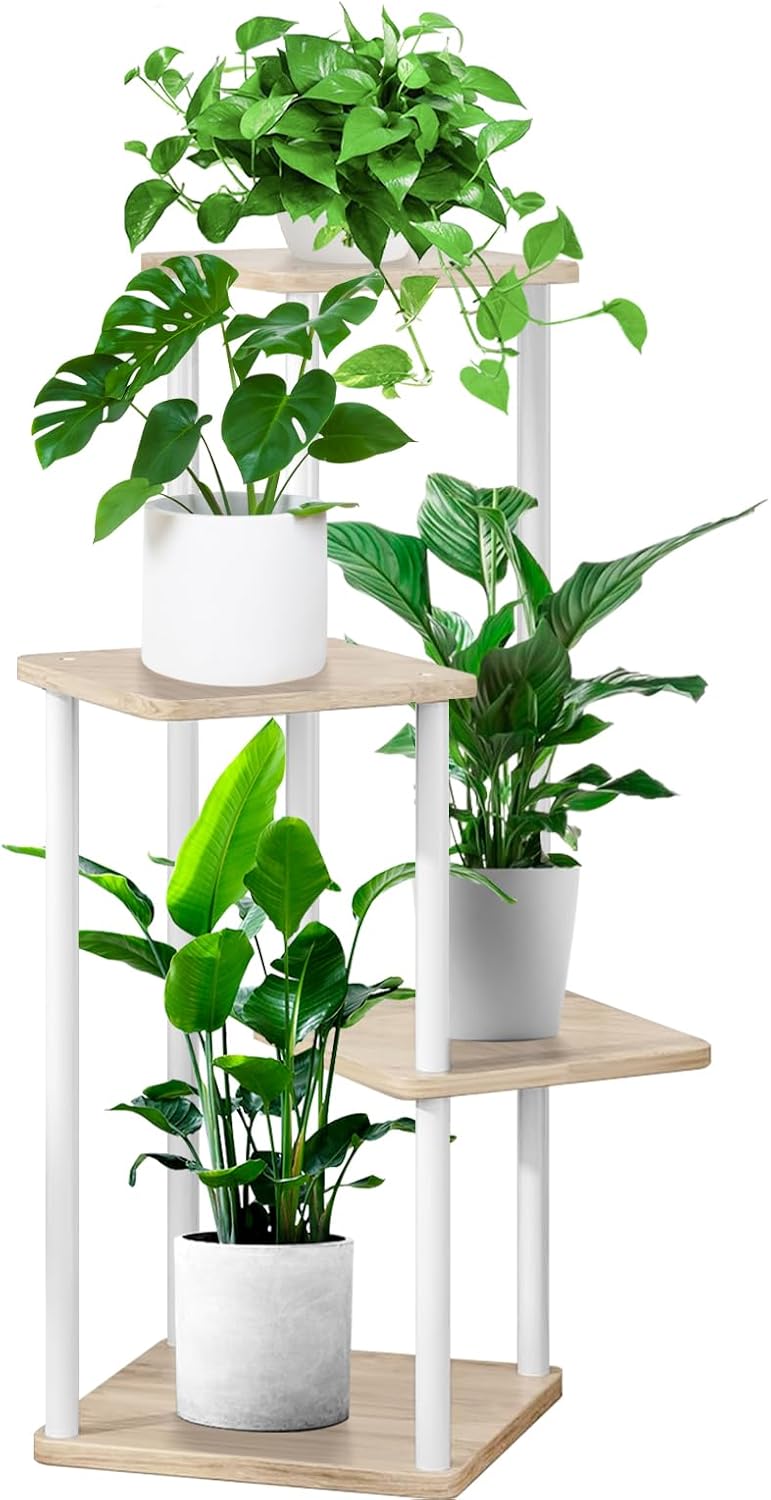 4 Tier Indoor Plant Stand Flower Shelf for Multiple Plants Corner, Tall Flower Holders for Patio Garden Living Room Balcony Bedroom(White Oak)