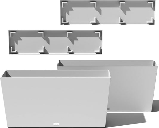 Veradek Midori Long Trough Planter (White, 39 inch - 2 Pack with 2 Saucer Trays)