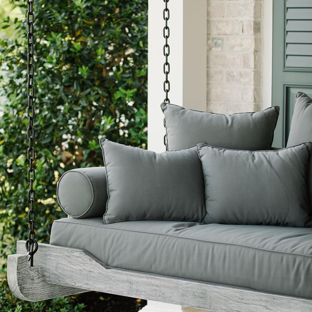 Ash & Ember Grade A Teak Twin Sized Porch Swing with Chain, 75" Wide Antique Finish Teak Wood Bed Frame with Grey Cushions, Weather-Resistant Backyard Benches Swings and Patio Furniture