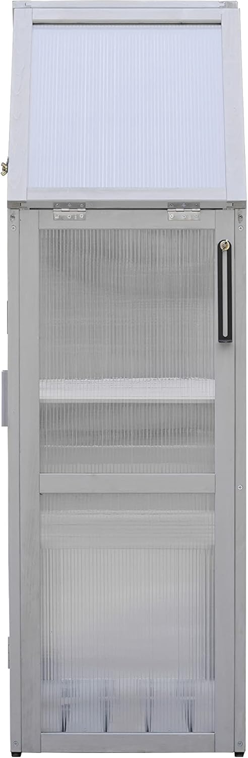 Cold Frame Greenhouse, Small Wood Greenhouses, Mini Polycarbonate Green House with Adjustable Roof, 2 Adjustable and Removable Shelves for Outdoors, Indoors Plant, Flower, Vegetable