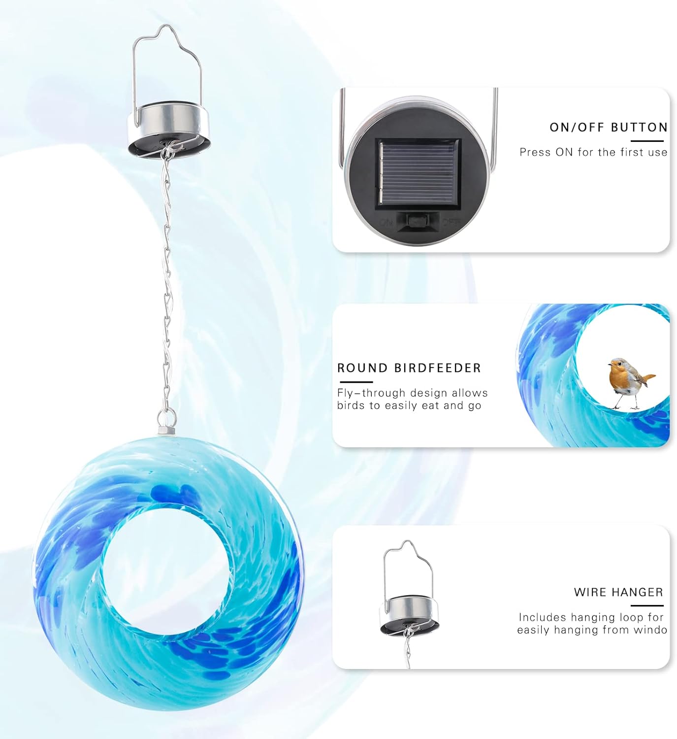 VCUTEKA Bird Feeder Solar Fly Through Birds Feeders for Outside Hanging with Round Shape Glass Container to Attract More Wild Birds for Garden Decor, Solar Birdfeeder as Gift for Bird Lovers, 8-Inch