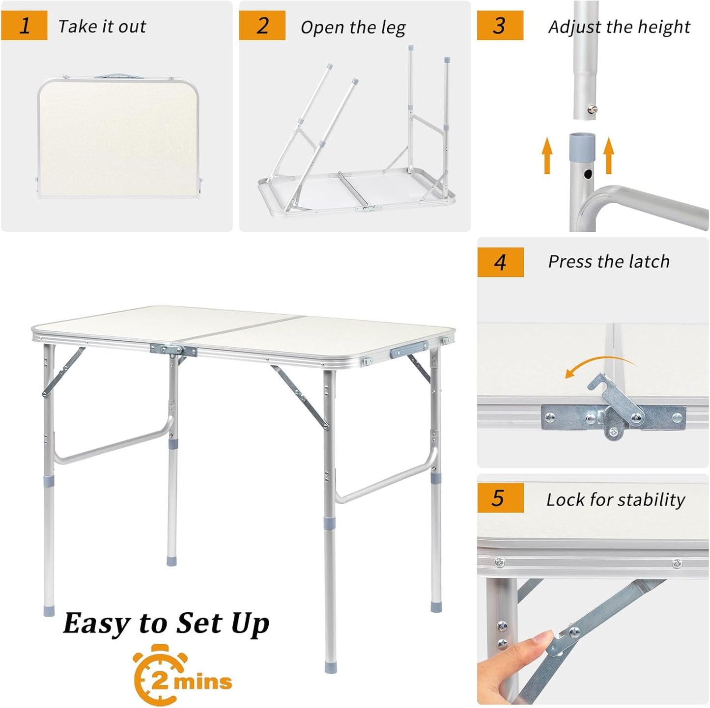 VINGLI 3FT Small Camping Folding Table Adjustable Height Aluminum Folding Table for Picnic Party BBQ, Plastic RV Suitcase Table Portable Lightweight Fold Up Utility Outdoor Tables