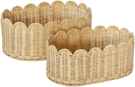 BEBE BASK Premium Scalloped Basket Set Of 2 - Scallop Basket - 16 x 10 x 7 Inch - Hand-Woven Elegant Wicker With Scalloped Edge - Nursery Storage (Natural)