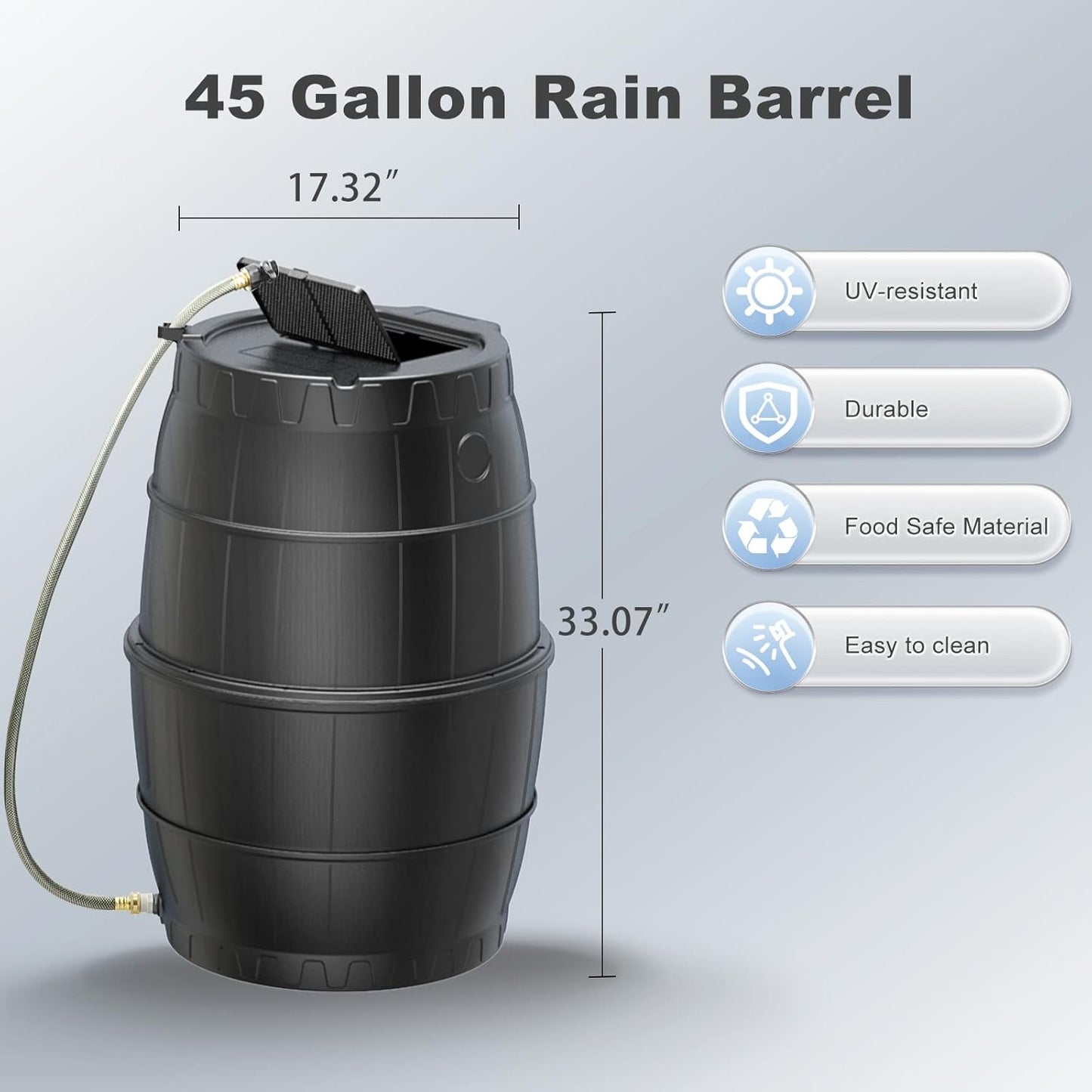 EJWOX Rain Barrels to Collect Rainwater from Gutter for Outdoor Use, 45 Gallon Black Rain Water Collection Barrels, BPA Free Water Catcher with Spigot, Lid, and Hose