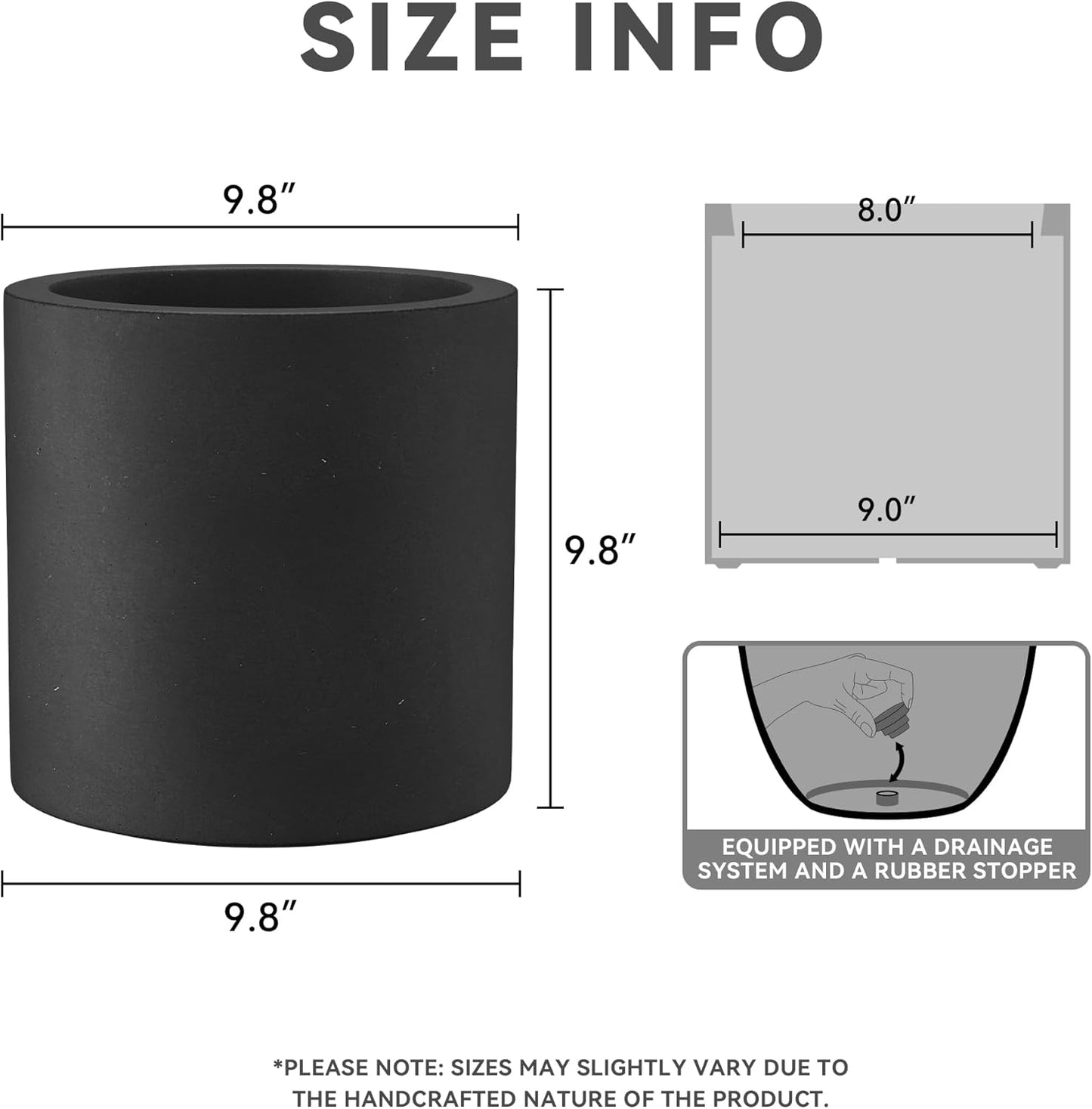 Kante 9.8" Dia Round Concrete Planter, Modern Style Large Cylindrical Plant Pot with Drainage Hole and Rubber Plug for Indoor Outdoor Patio, Burnished Black