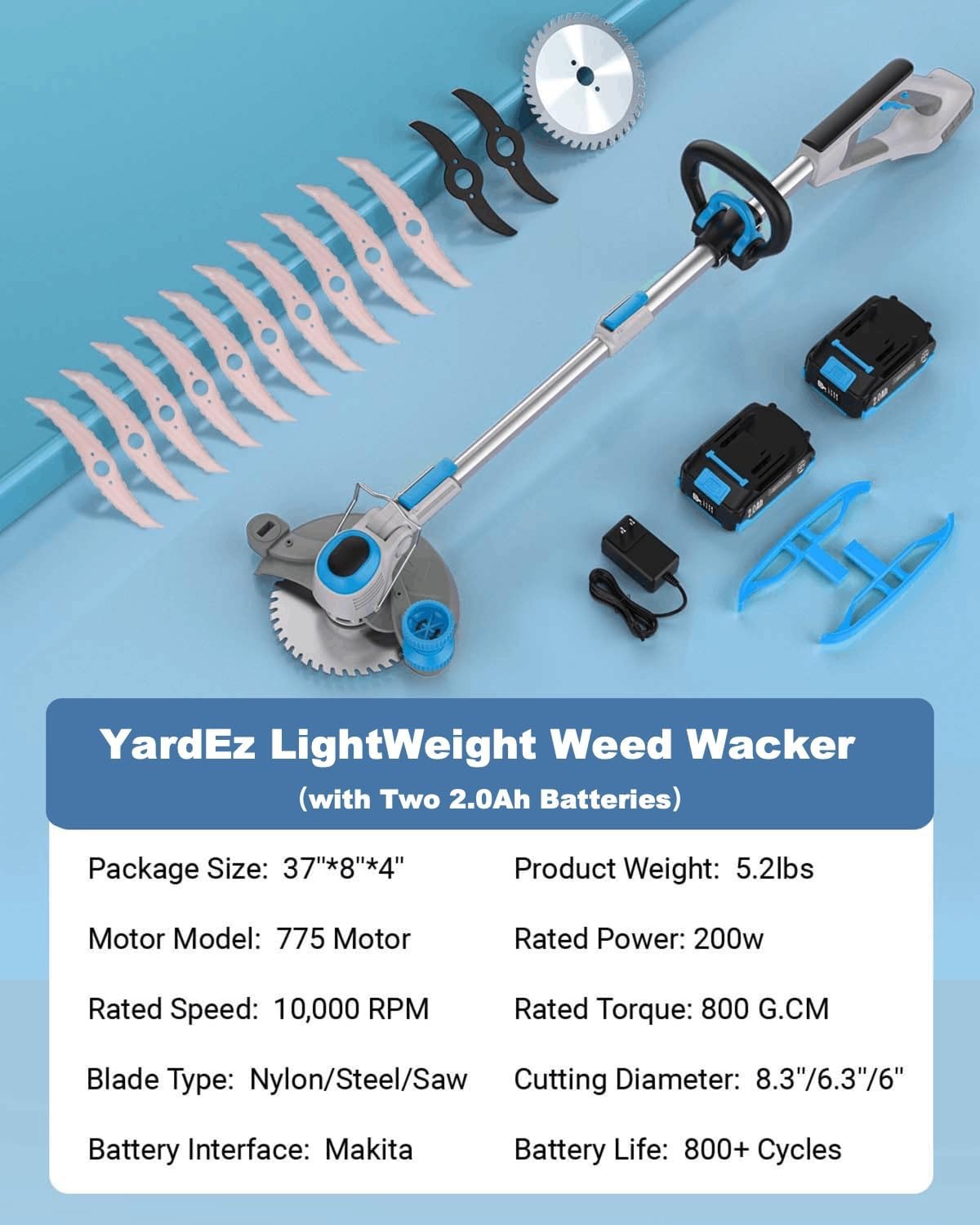 Weed Wacker Cordless, 20V MAX* Battery Powered, Runing Time 60mins, Weight only 5.2 lbs, Bladed Edger/Mower/Trimmer in 1 (with Two 2.0Ah)