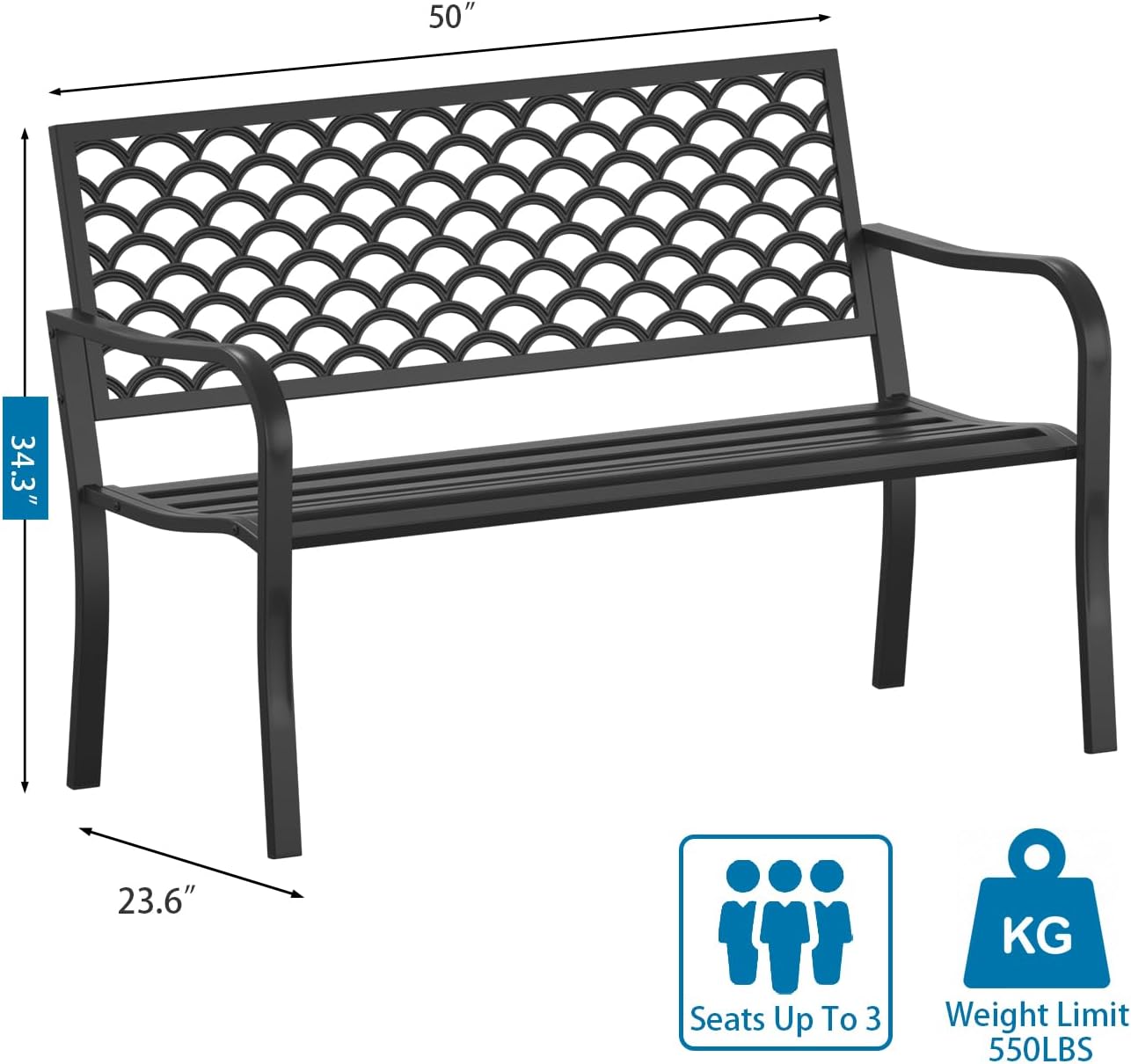 Outdoor Garden Bench Cast Iron Steel Outdoor Bench Clearance Weatherproof Metal Park Bench for Porch, Yard, Lawn, Deck (Scale)