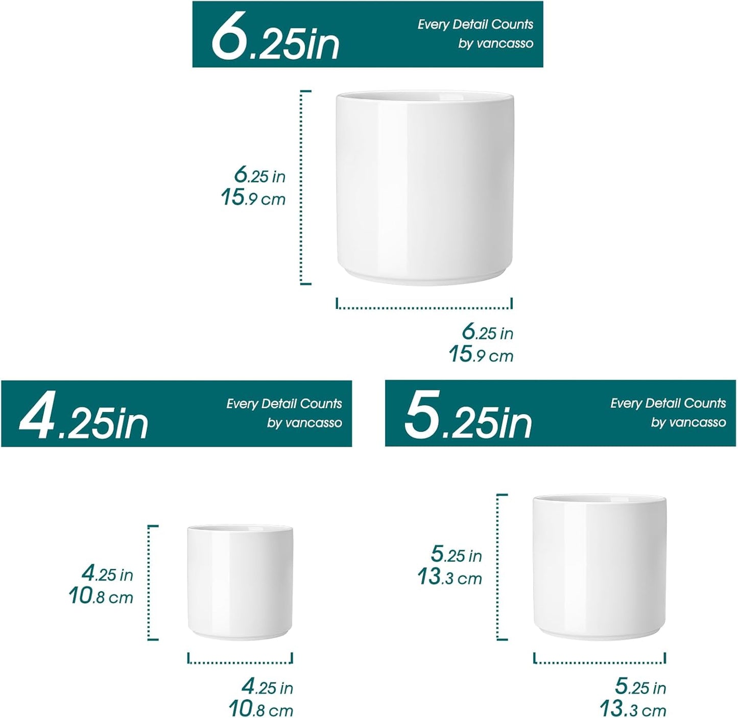 vancasso Ceramic Plant Pots, 4.25+5.25+6.25 Inch Planter Pot with Drainage Hole, Flower Pots for Indoor Outdoor Plants, Set of 3, White