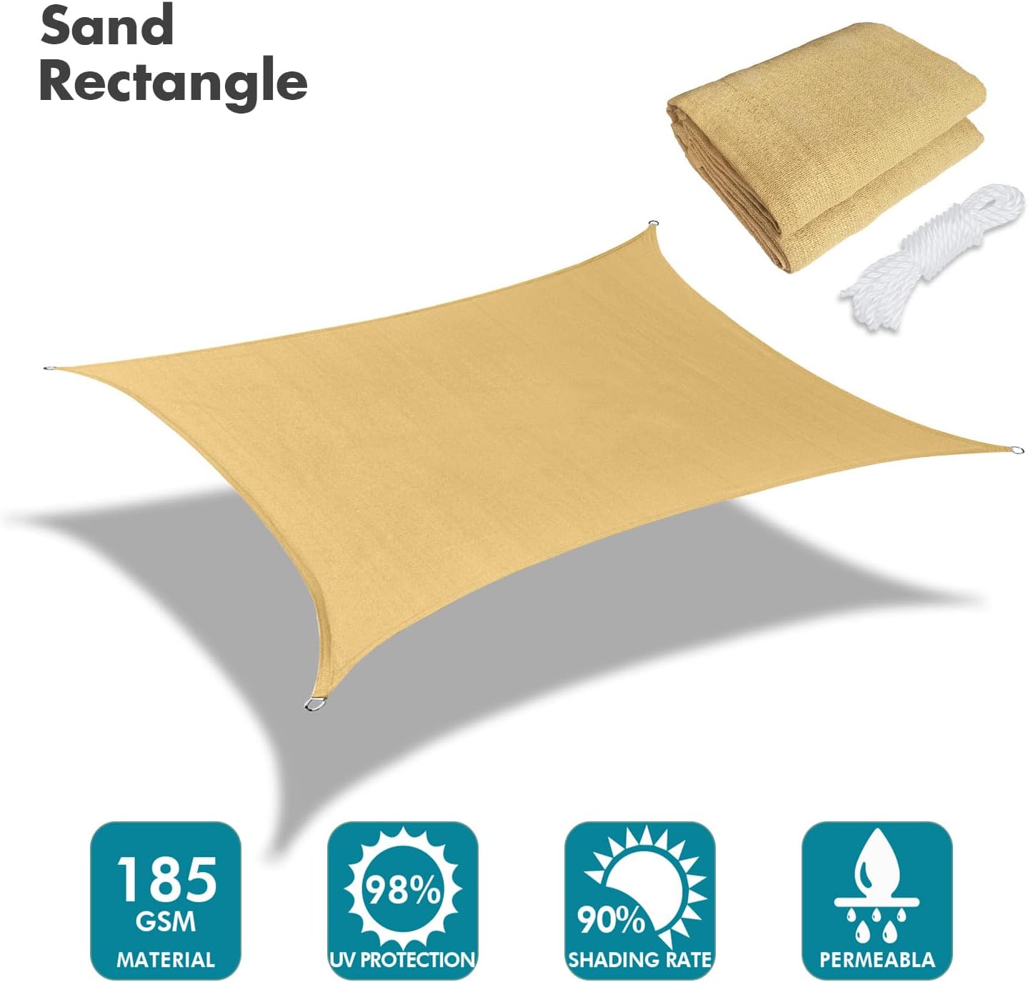 KANAGAWA 7'X12' Sand Custom Size Sun Shade Sail Rectangle UV Block Canopy Cover for Patio Backyard Lawn Garden Outdoor (Customized Available)