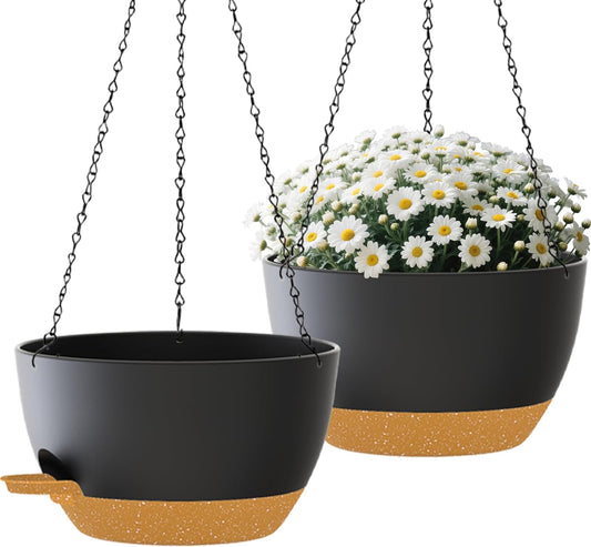 2 Pack Hanging Planters for Indoor Outdoor Plants, 12 Inch Self Watering Hanging Pot with Drainage Holes and Saucer, Plastic Plant Pots, Black Brown Flower Pots for Kitchen, Balcony, Garden