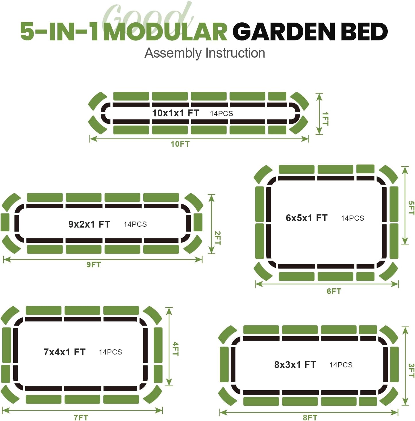5-in-1 Adjustable Raised Garden Bed Kit | Galvanized Planter Boxes for Vegetables, Flowers | 12" Tall, Multiple Sizes (8x3x1ft, 9x2x1ft, 10x1x1ft, 6x5x1ft, 7x4x1ft) | Outdoor Metal Raised Bed, Green