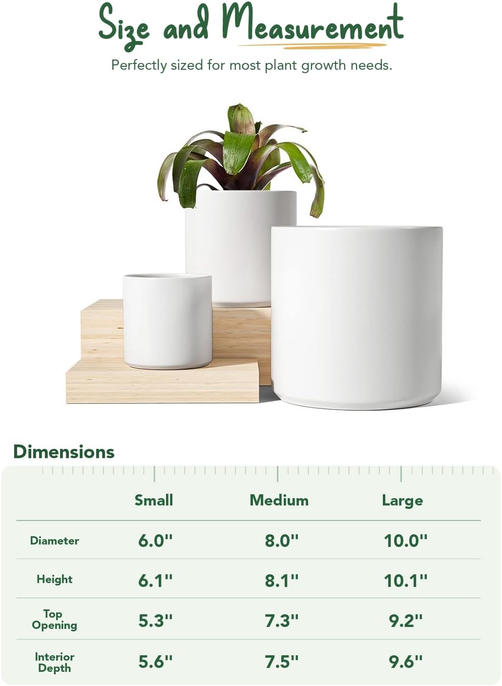 LE TAUCI Ceramic Pots for Plants, 10+8+6 Inch Indoor Plant Pots, Modern Planters for Indoor Plants Home Office, Cylinder Round Planters with Drainage Hole and Plug, Set of 3, White