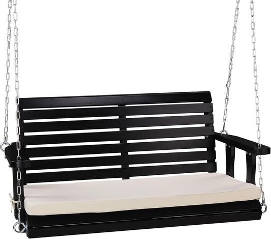 VINGLI Outdoor 4 FT Porch Swing, Heavy Duty 880 LBS Wooden Patio Swings with Cushions, Farmhouse Style Hanging Bench with Adjustable Chains for Yard | Garden | Lawn | Balcony, Black