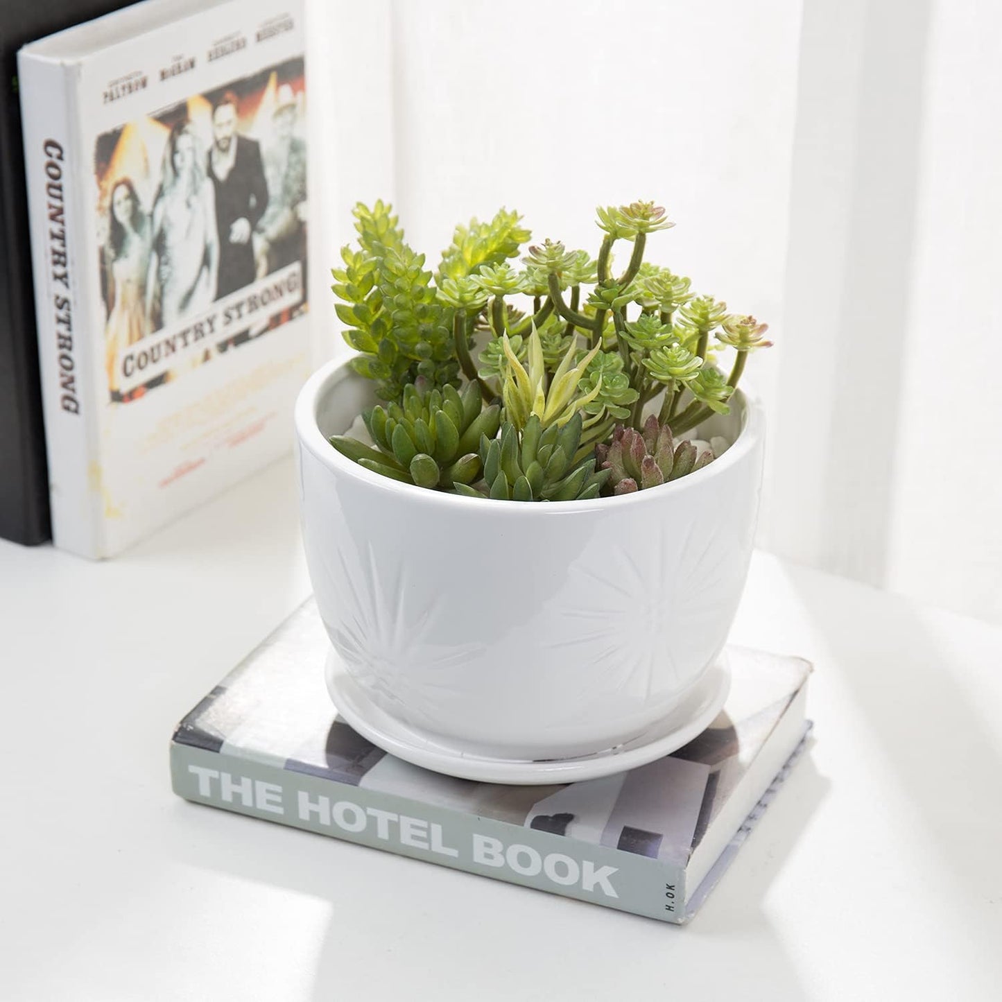 MyGift 7 Inch Round White Ceramic Plant Pot with Drainage Hole and Attached Saucer, Modern Decorative Embossed Sunburst Planter Container for Indoor Home Garden