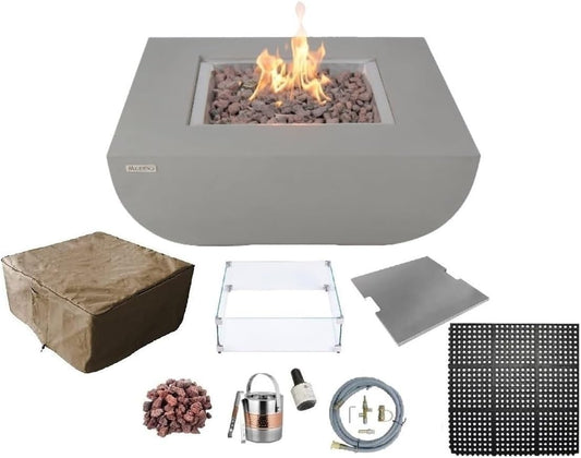 AMS Fireplace | Modeno Westport Package | Light Gray Natural Gas Fire Pit Table for Outside Patio Bundle with Wind Guard, and SS Burner Lid | Free Ice Bucket & Rubber Mat