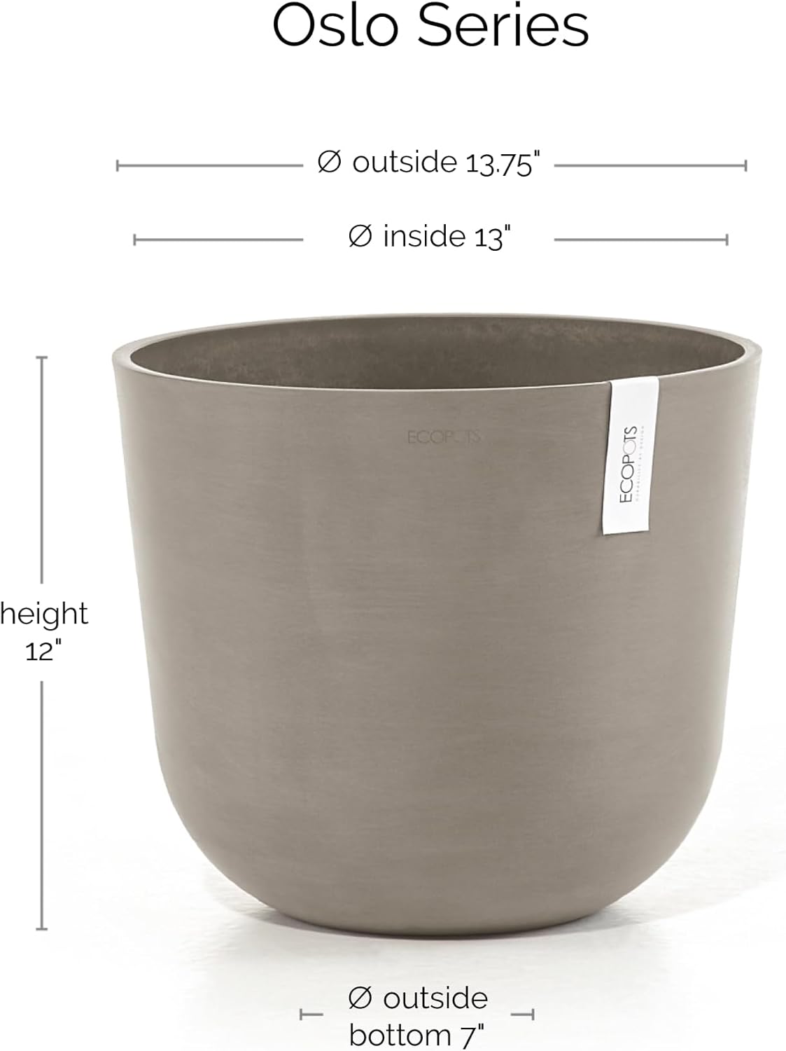 Ecopots Oslo Durable Modern Round Indoor/Outdoor Recycled-Based Composite Flower Pot Planter, Taupe, 14"