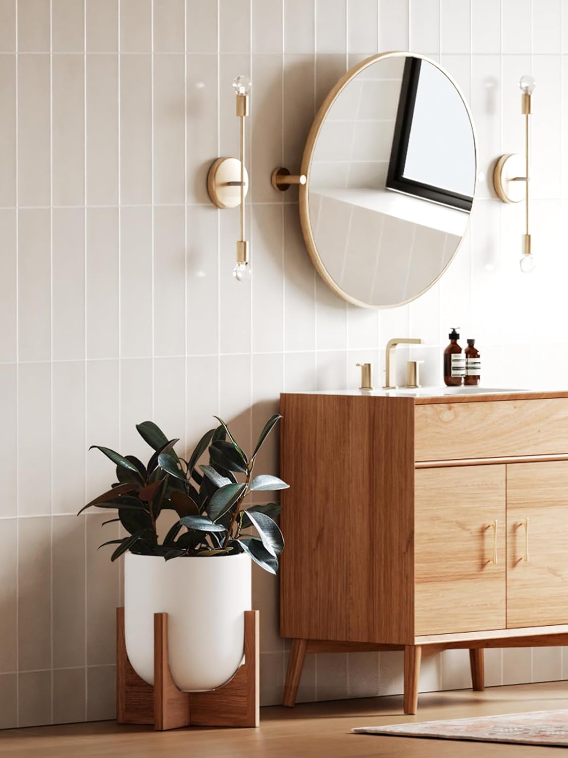 LE TAUCI 10 Inch Plant Pot with Acacia Wood Stand, Ceramic Planters for Indoor Plants, Unique Plant Pots Indoor for Home Decor, Mid-Century Modern Pots for Plants with Drainage Hole and Plug, White