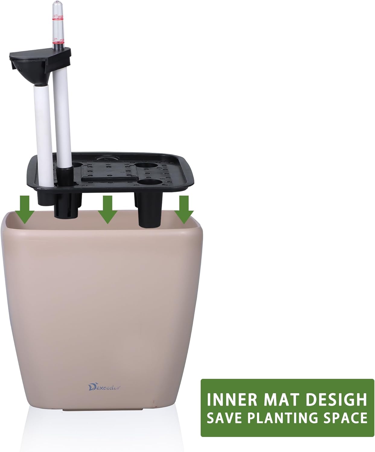 Dexceder 15x14 Self Watering Planter with Wheels Indoor Outdoor, Inner Mat Design, Thickened Large Floor Standing Flower Plant Pot with Water Level Indicator (Taupe Matte)