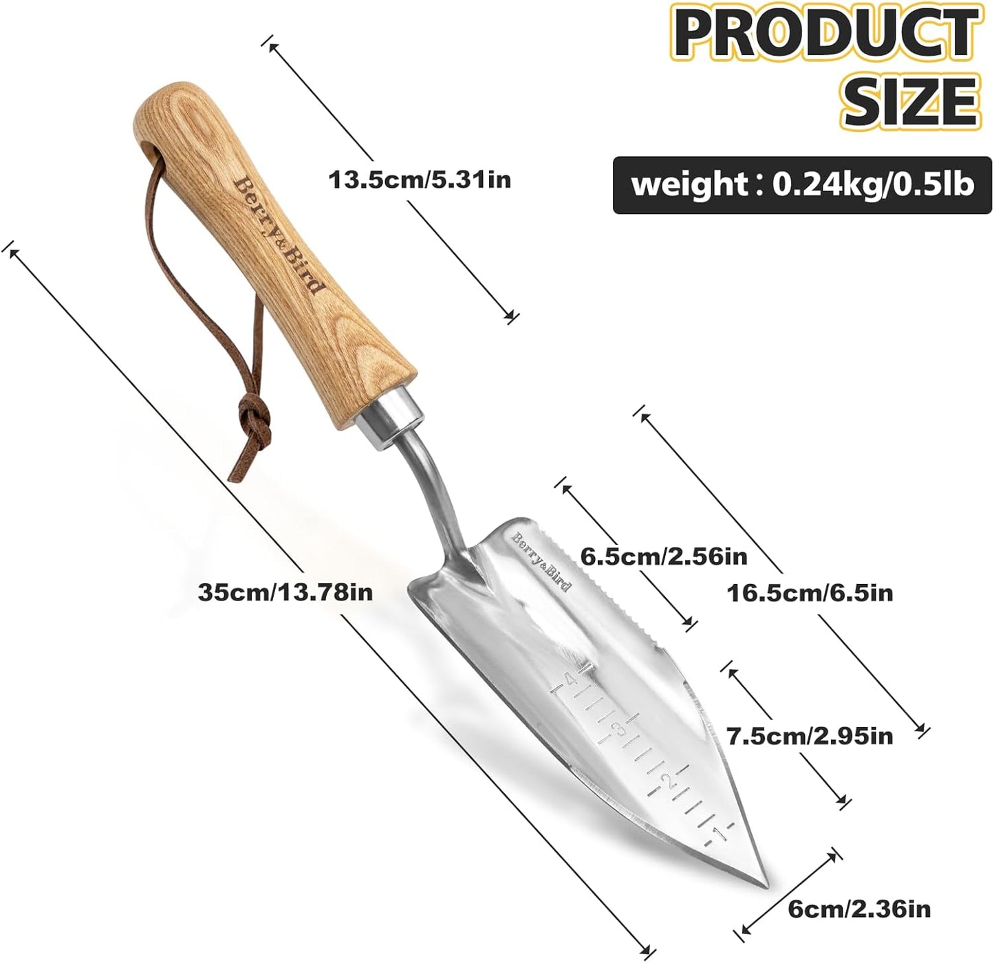 Berry&Bird Potting Trowel, Stainless Steel Serrated Hand Shovel, Wood Handle Garden Trowel Tool with Measuring Scale for Effortless Digging,Roots，Planting, Cutting and Transplanting