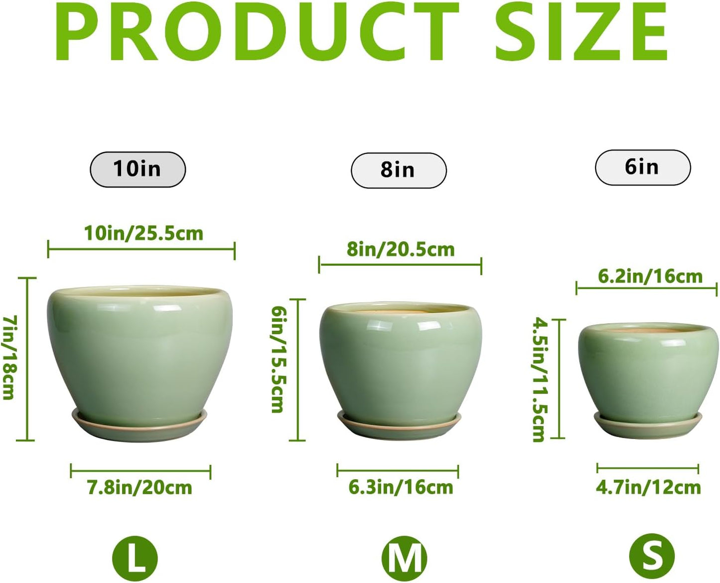 Ceramic Pots for Plants - 10/8/6 Inch Flowers Planters with Drainage Holes and Saucers for Indoor Outdoor, Decorative Modern Home House Office Room Decor, Set of 3, Green