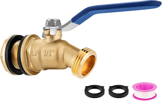 Brass Rain Barrel Spigot Kit 3/4" GHT Brass Water Container Spigot Kit, 3/4" GHT Male Threaded Quarter Turn Ball Valve with Bulkhead Fitting for Garden Hose Thread Connection