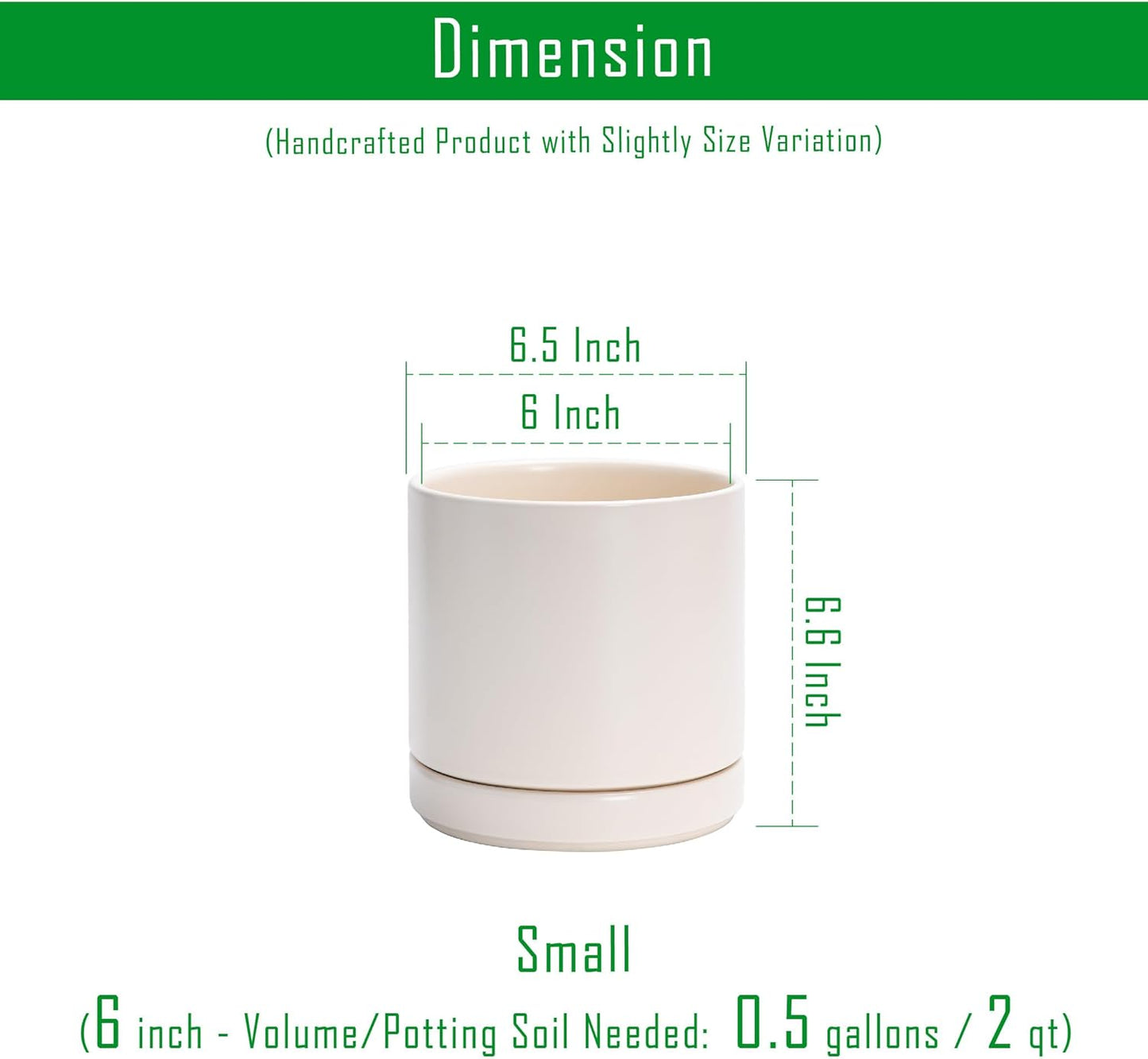 D'vine Dev 6 Inch Ceramic Planter Pot with Drainage Hole and Saucer, Indoor Cylinder Round Planter Pot, Oatmeal, 94-O-C-8