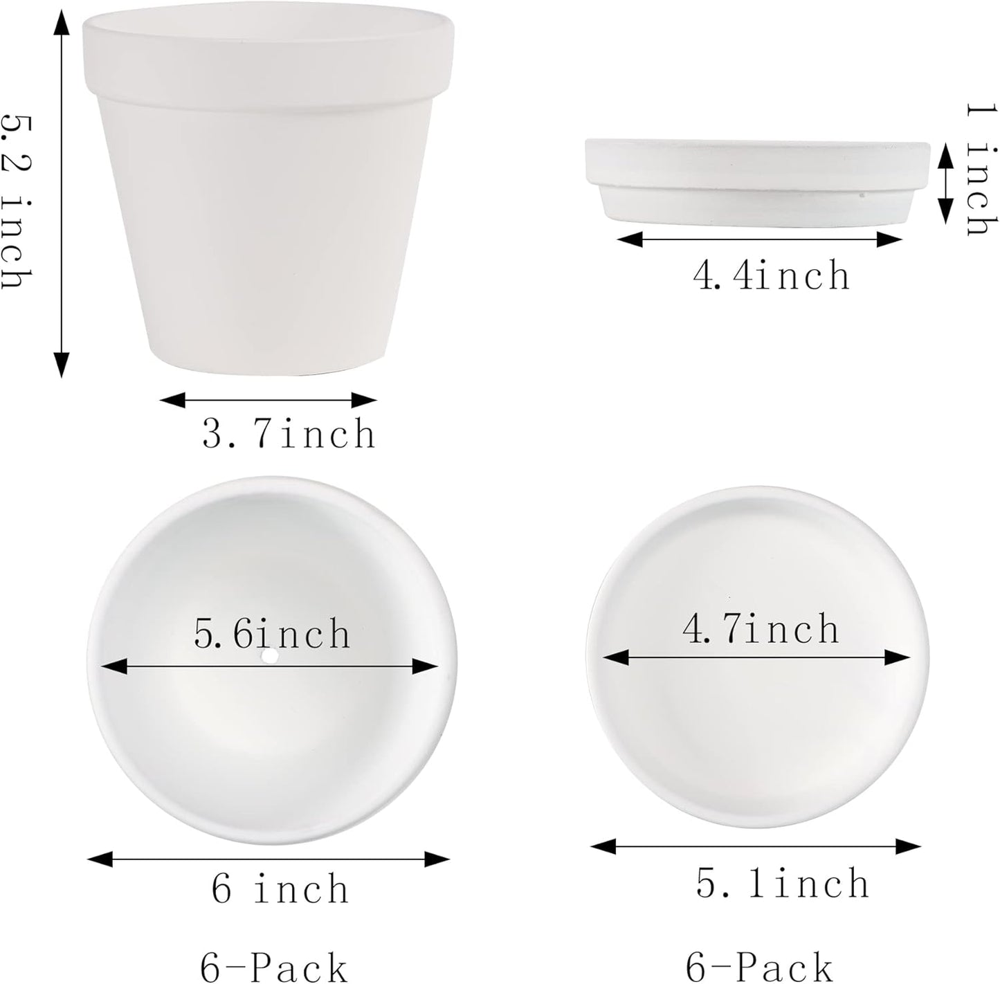 Yishang Large Terra Cotta Pots with Saucer- 6 Pack Large 6'' Terra Cotta Plant Pot with Drainage Hole, Flower Pot with Tray, Terracotta Pot for Indoor Outdoor Plant(White)