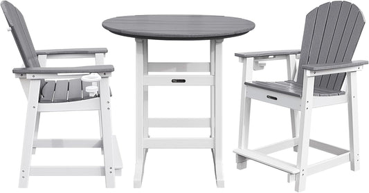 Tall Adirondack Chairs Patio Bar Tables Set of 3, Weather Resistant HDPE 35" Round Outdoor Bar Adirondack Barstools Plastic Height Table Pub, for Garden, Backyard, Yard, Pool, Fire, Pit (Grey)