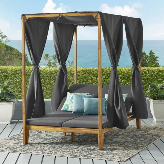 kevinplus Outdoor Patio Sunbed Daybed with Adjustable Reclining Chaise Lounge & Water-Resistant Canopy & Curtain, Solid Wood Construction, Dark Gray