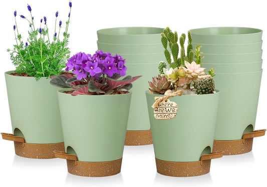 12 Pack 4 Inch Self Watering Plant Pots with Drainage and Saucers，Plastic Flower Pots for Indoor and Outdoor Plants, Nursery Planters for Houseplants and Herbs Green Brown, 4 inch 12pcs