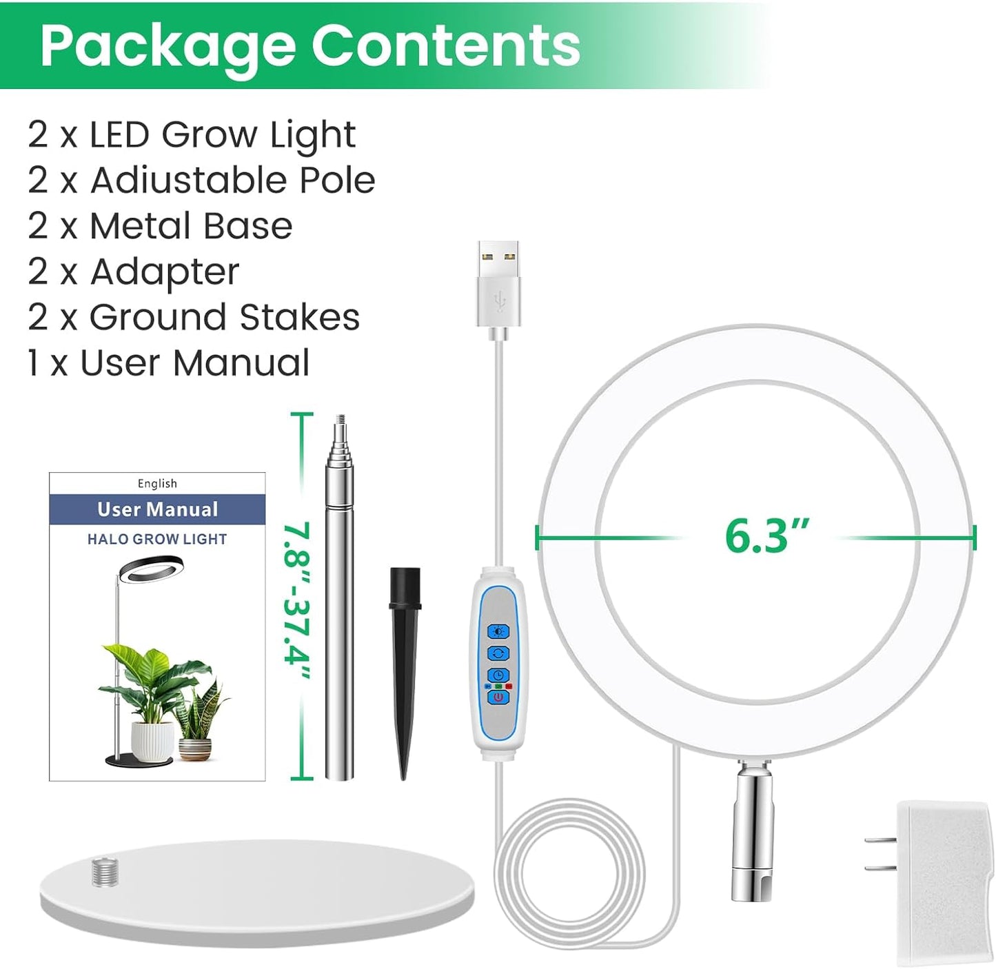 Grow Lights for Indoor Plants, Full Spectrum Plant Lights for Indoor Growing, 9.8"-37.4" Height Adjustable Desk Grow Lamp with Auto Timer 6/12/16Hrs, 3 Optional Spectrums, 5 Brightness,2 Pack