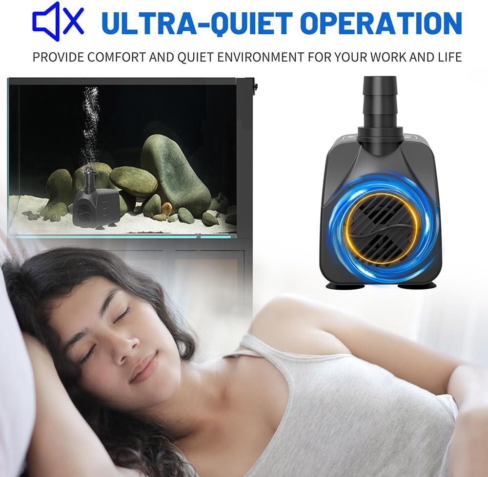 200GPH Submersible Water Pump(750L/H,16W),Ultra Quiet Fountain Pump with 5.2ft. High Lift,Pond Pump for Fish Tank, Pond, Aquarium, Statuary, Hydroponics.